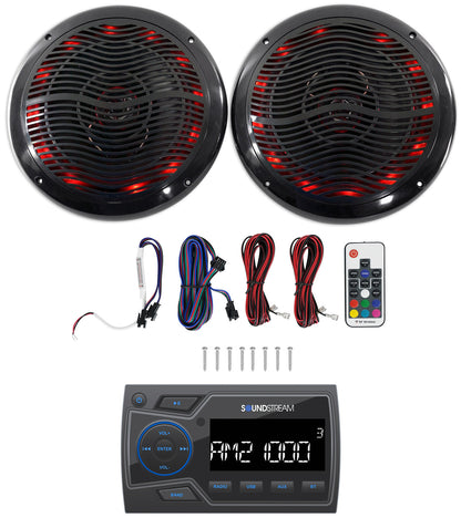 Soundstream MHU-32 Marine ATV/UTV Bluetooth Receiver+(2) Black 6.5" LED Speakers