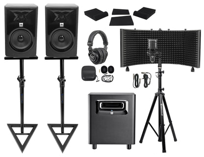 2 JBL 305P MkII 5" Studio Monitors+Stands+Subwoofer+Headphones+Mic+Vocal Shield