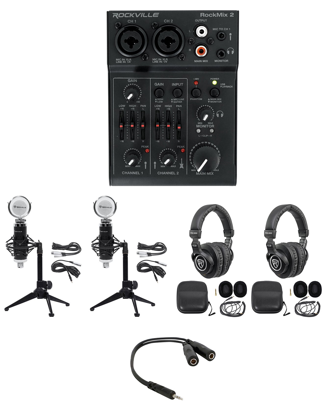 Two‑Person Podcast Kit + RockMix 2 Mixer Bundle