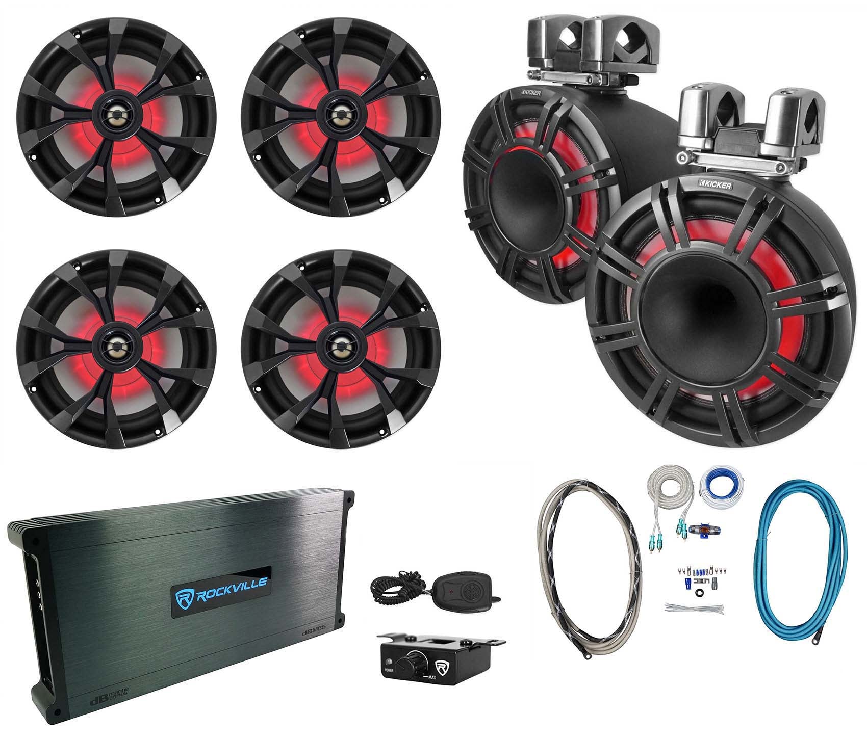 KICKER KMTC11 HLCD 11" Wakeboard Tower Speakers+4) 8" LED Speakers+6-Channel Amp