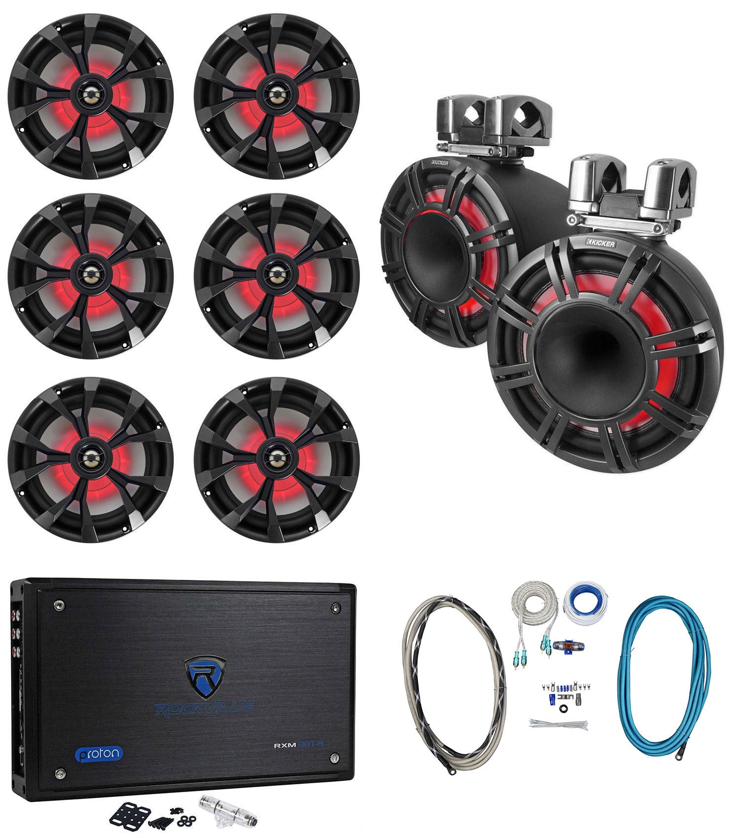KICKER KMTC11 HLCD 11" Wakeboard Tower Speakers+6) 8" LED Speakers+8-Channel Amp