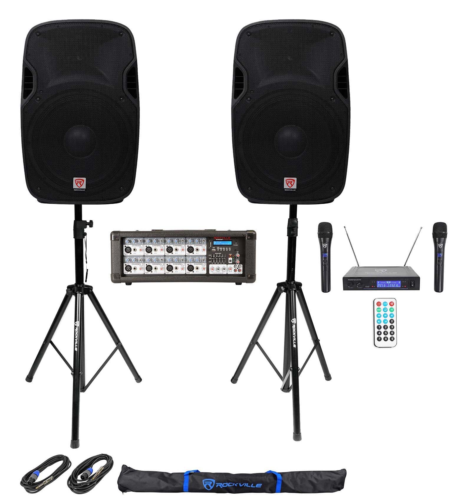 SPGN158 2-Pack + RPM80BT Powered Mixer + Wireless Mics Bundle