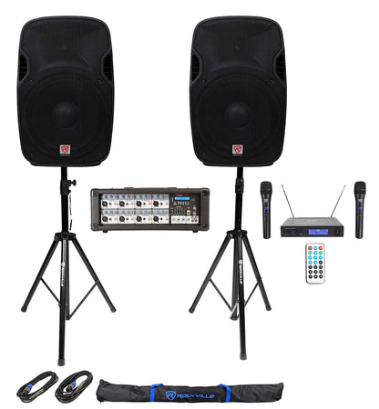 SPGN158 2-Pack + RPM80BT Powered Mixer + Wireless Mics Bundle