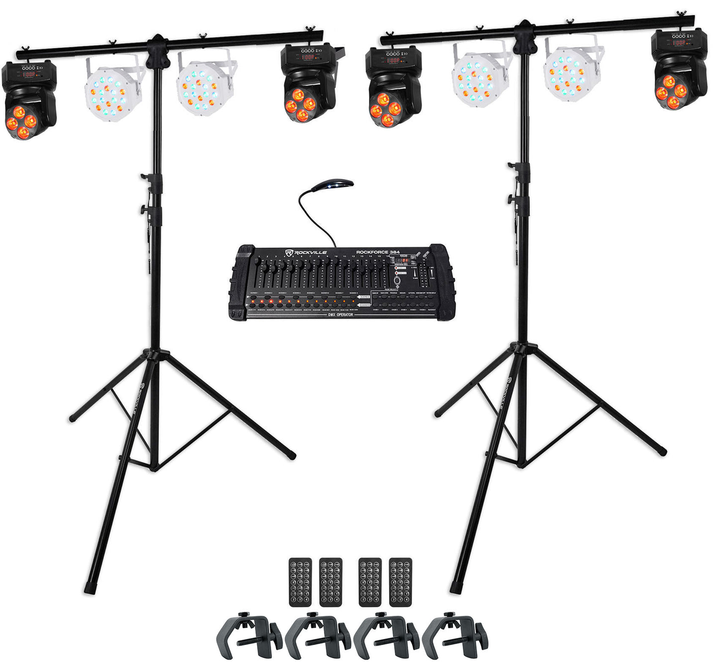 RVLS1 Lighting Stands 2-Pack + RockOn-7 & RockPAR50 White + ROCKFORCE 384 Bundle