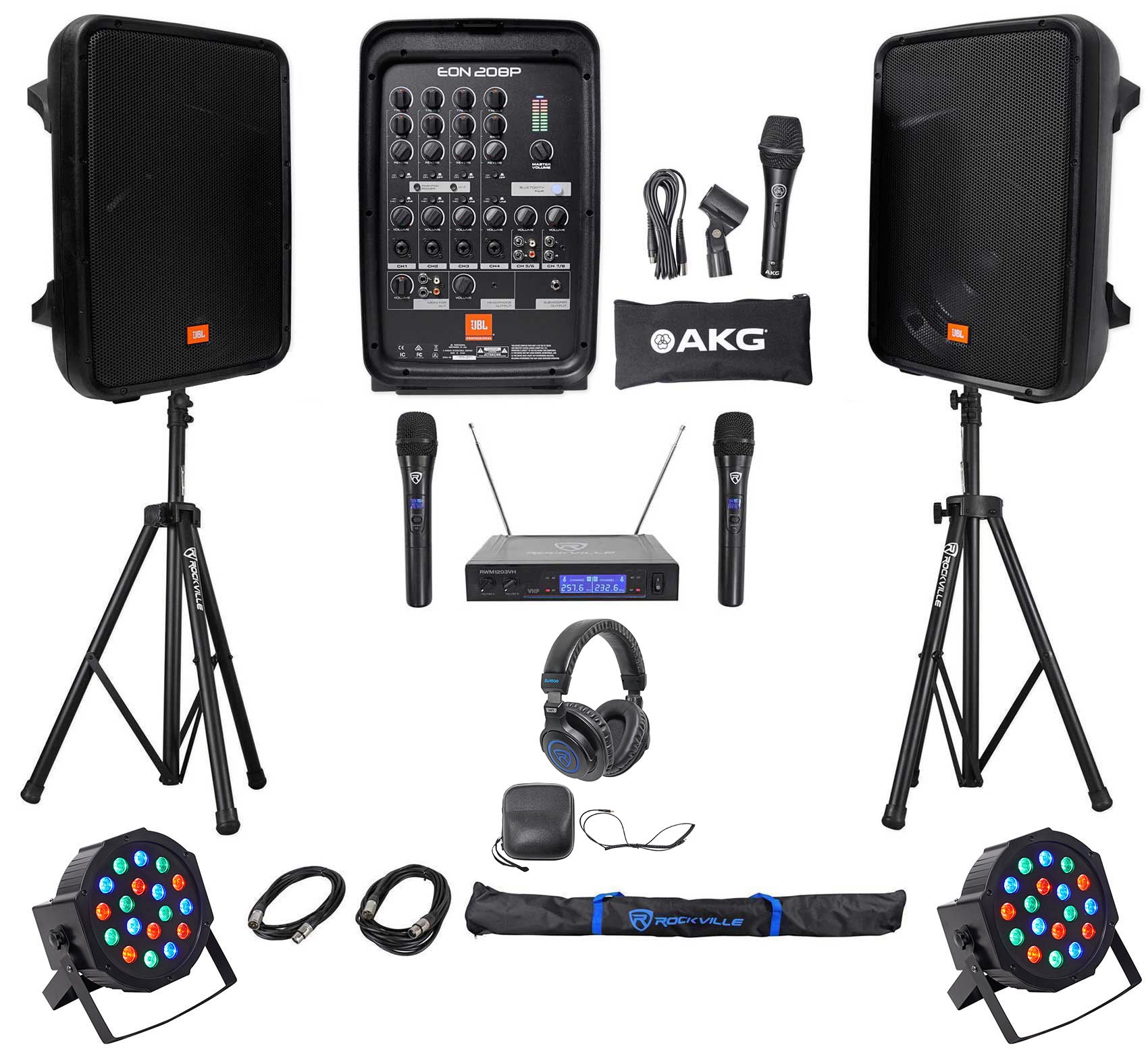 JBL EON208P 8" Powered Bluetooth Speakes+Mixer+Stands+Wireless Mics+Headphones