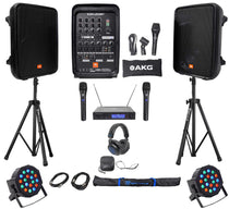 JBL EON208P 8" Powered Bluetooth Speakes+Mixer+Stands+Wireless Mics+Headphones