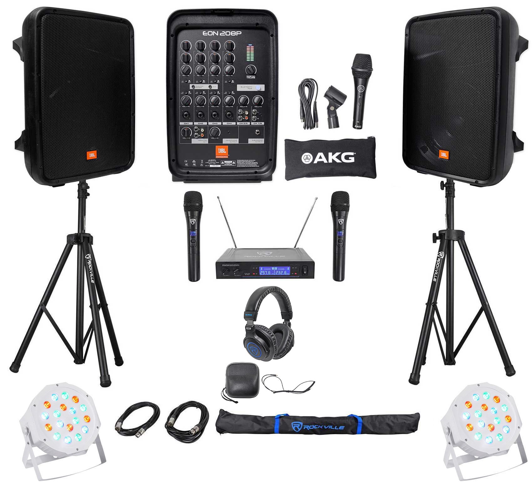 JBL EON208P 8" Powered Bluetooth Speakes +Mixer+Stands+Wireless Mics+Headphones