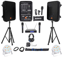 JBL EON208P 8" Powered Bluetooth Speakes +Mixer+Stands+Wireless Mics+Headphones