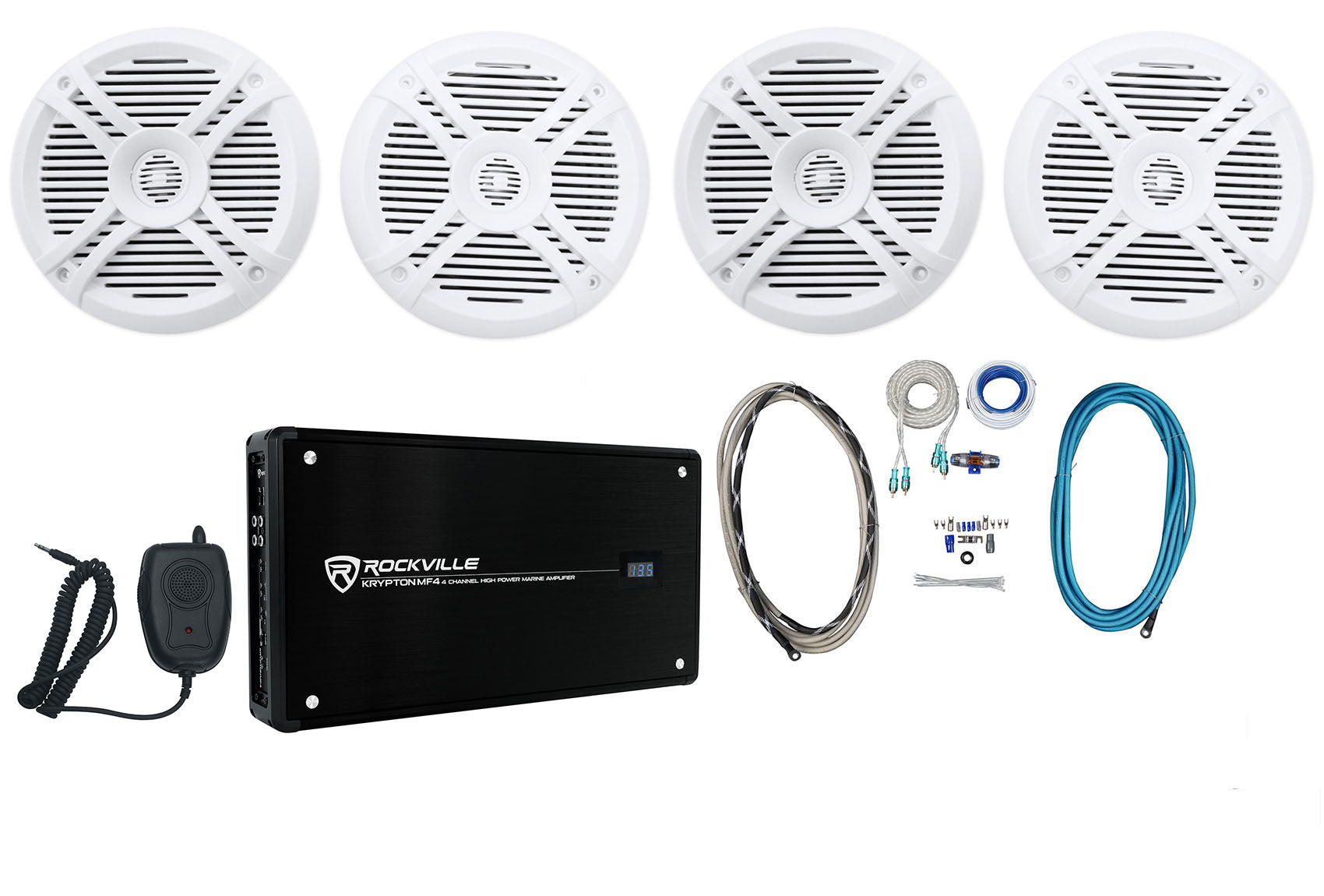 RMSTS65W White 6.5" Marine Speakers 4-Pack + KRYPTON MF4 Amplifier Bundle