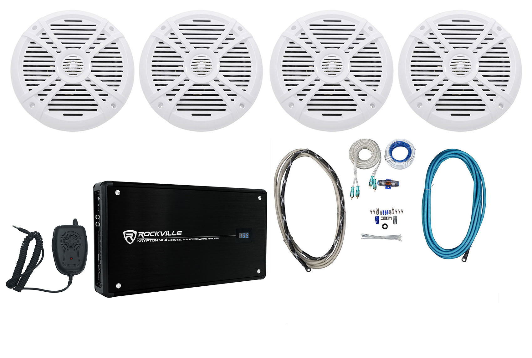 RMSTS80W White 8" Marine Speakers 4-Pack + KRYPTON MF4 Amplifier Bundle