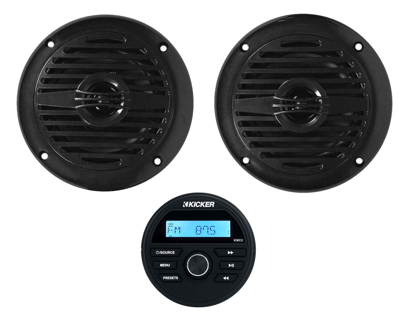 KICKER KMC2 Gauge Hole Digital Media Receiver w/Bluetooth+(2) 4" Black Speakers