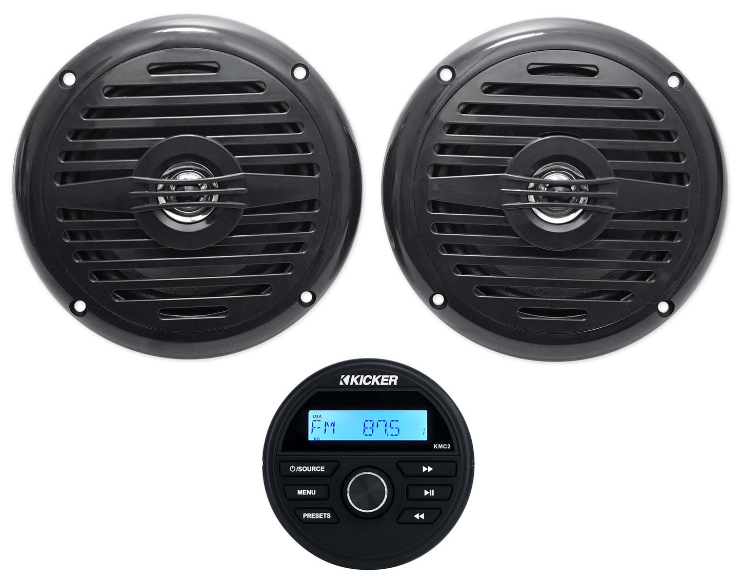 KICKER KMC2 Gauge Hole Digital Media Bluetooth Receiver+(2) 5.25" Black Speakers