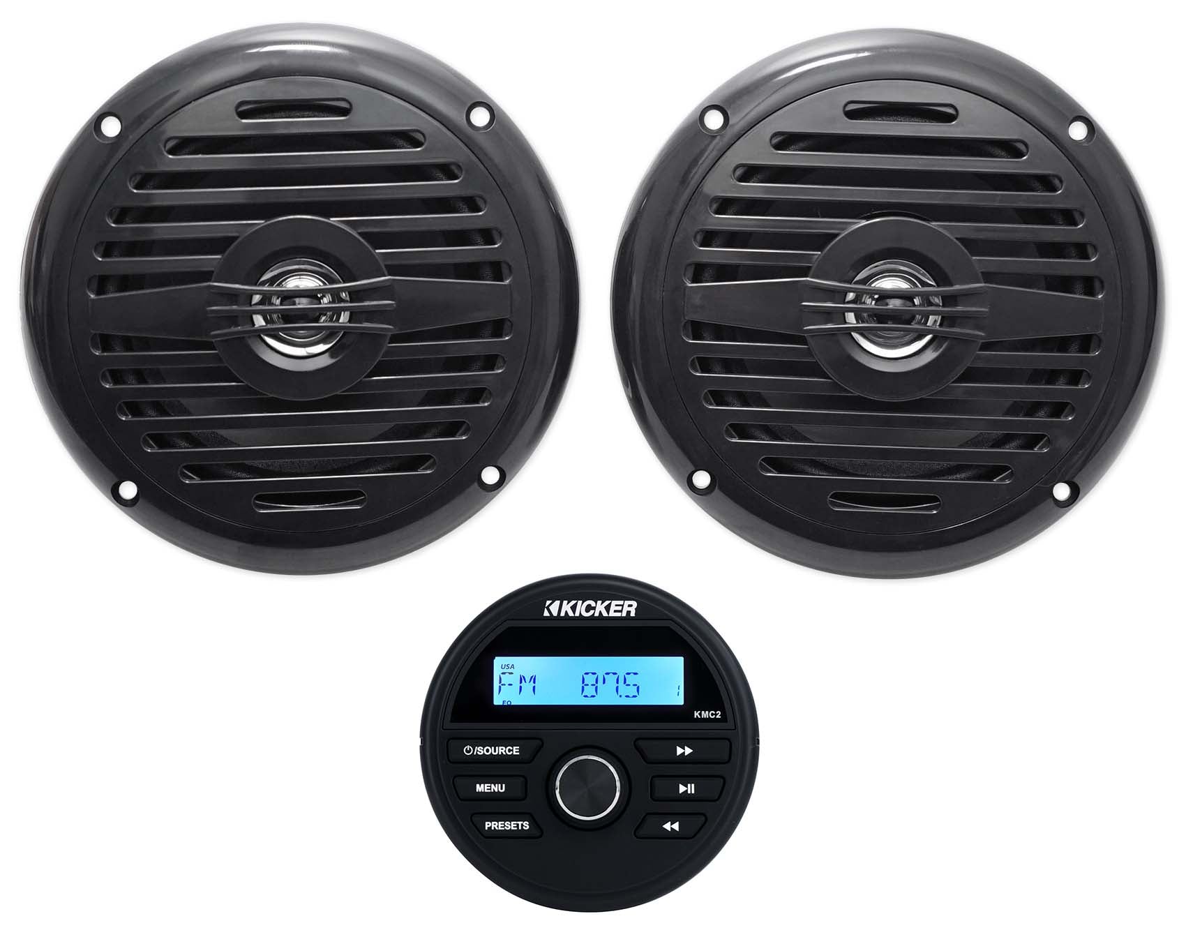 KICKER KMC2 Gauge Hole Digital Media Bluetooth Receiver+(2) 5.25" Black Speakers