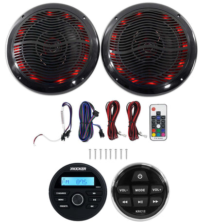 KICKER KMC2 Digital Media Receiver w/Bluetooth+Remote+2) 6.5" Black LED Speakers