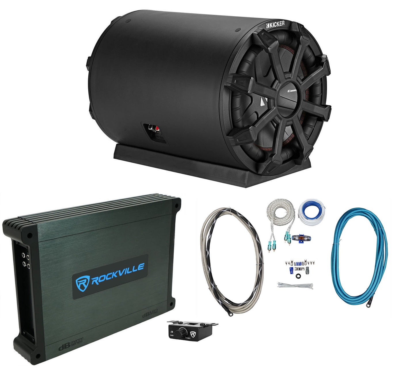 KICKER 46CWTB102 TB 10" 800w Marine Loaded Subwoofer Enclosure+Mono Amp+Wire Kit