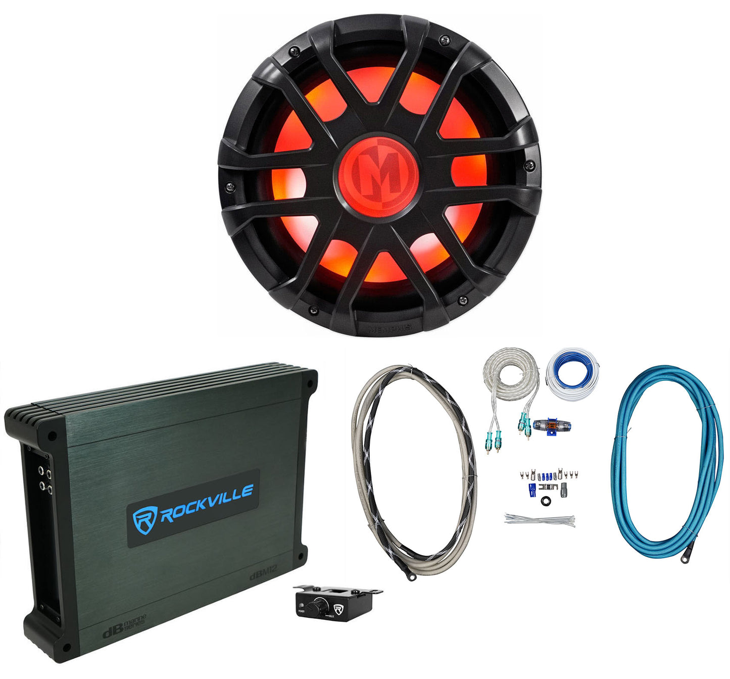 Memphis Audio MXA1044 10" 500w LED Marine Boat Subwoofer+Mono Amplifier+Amp Kit