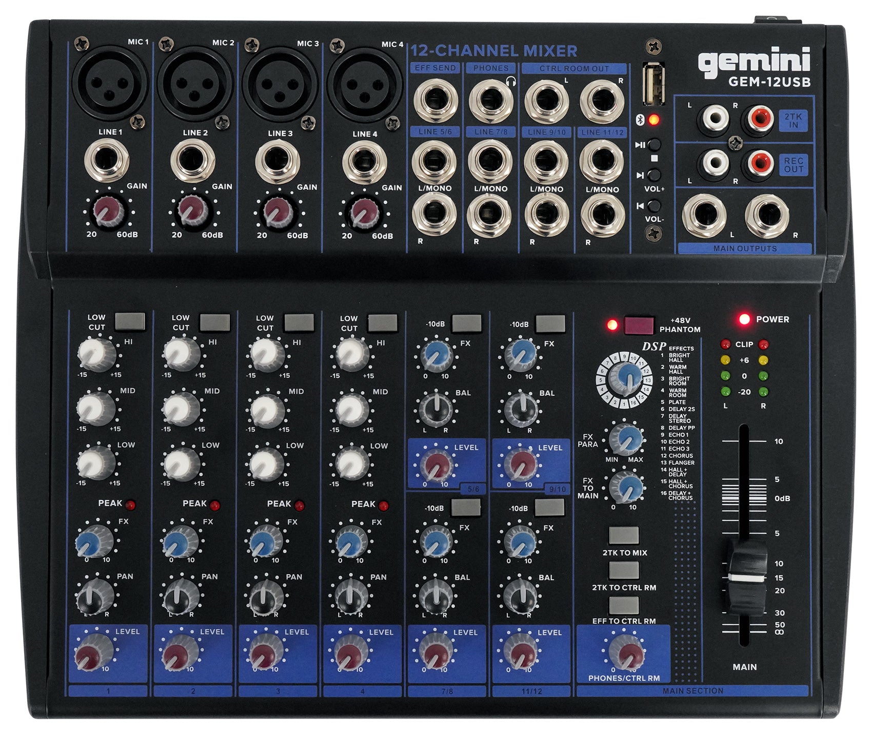 Gemini GEM-12USB 12 Channel Bluetooth Mixer w/USB 12 Ins/2 Bus/3 Band EQ+4) Mics