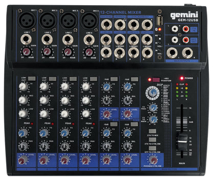 Gemini GEM-12USB 12 Channel Bluetooth Mixer w/USB 12 Ins/2 Bus/3 Band EQ+4) Mics