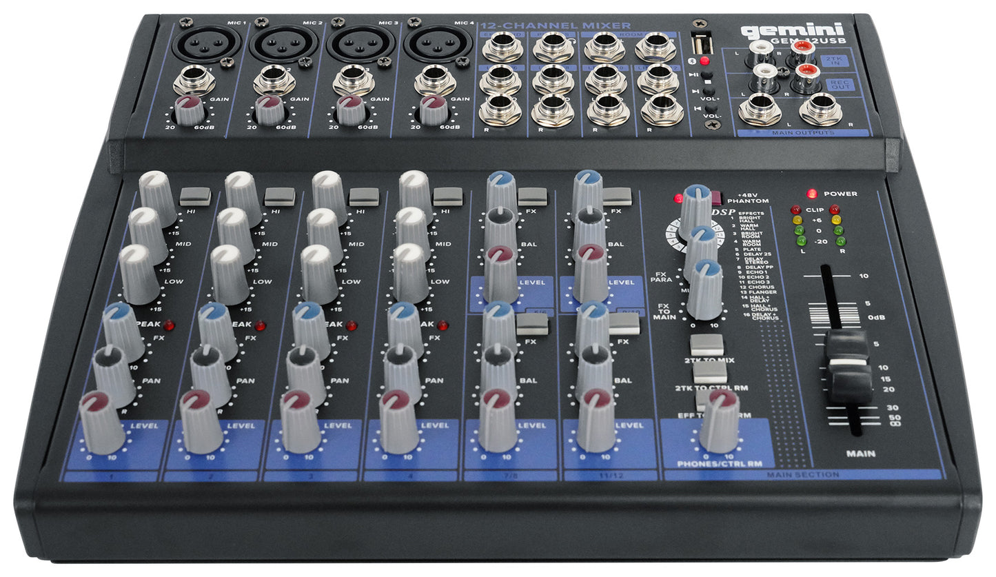 Gemini GEM-12USB 12 Channel Bluetooth Mixer w/USB 12 Ins/2 Bus/3 Band EQ+4) Mics