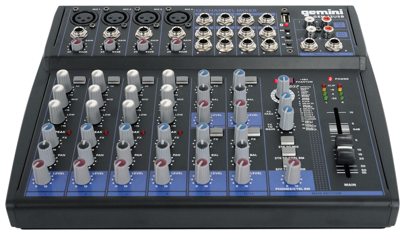 Gemini GEM-12USB 12 Channel Bluetooth Mixer w/USB 12 Ins/2 Bus/3 Band EQ+4) Mics