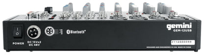 Gemini GEM-12USB 12 Channel Bluetooth Mixer w/USB 12 Ins/2 Bus/3 Band EQ+4) Mics