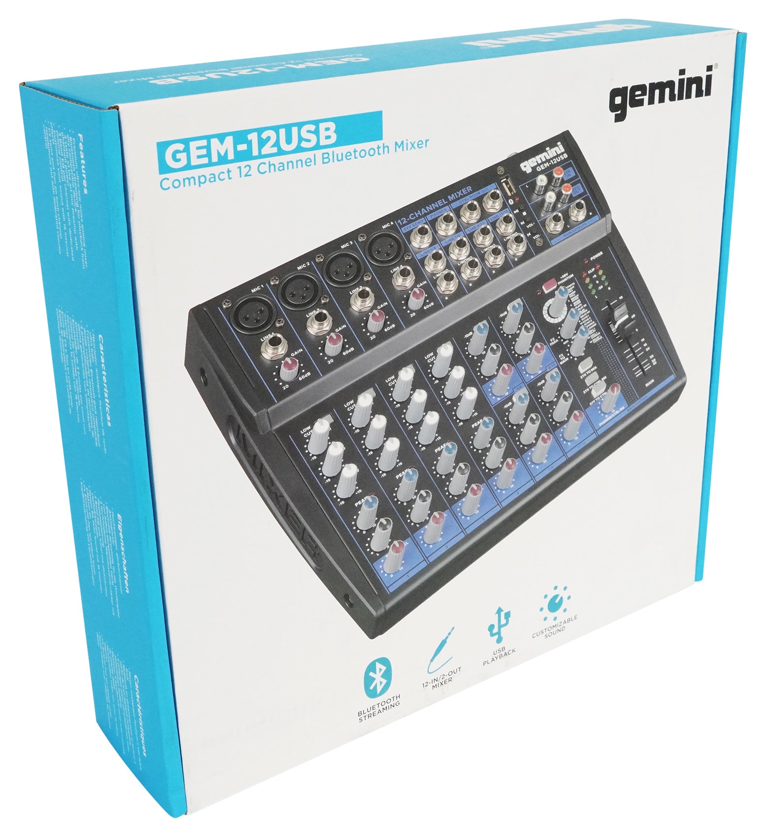 Gemini GEM-12USB 12 Channel Bluetooth Mixer w/USB 12 Ins/2 Bus/3 Band EQ+4) Mics