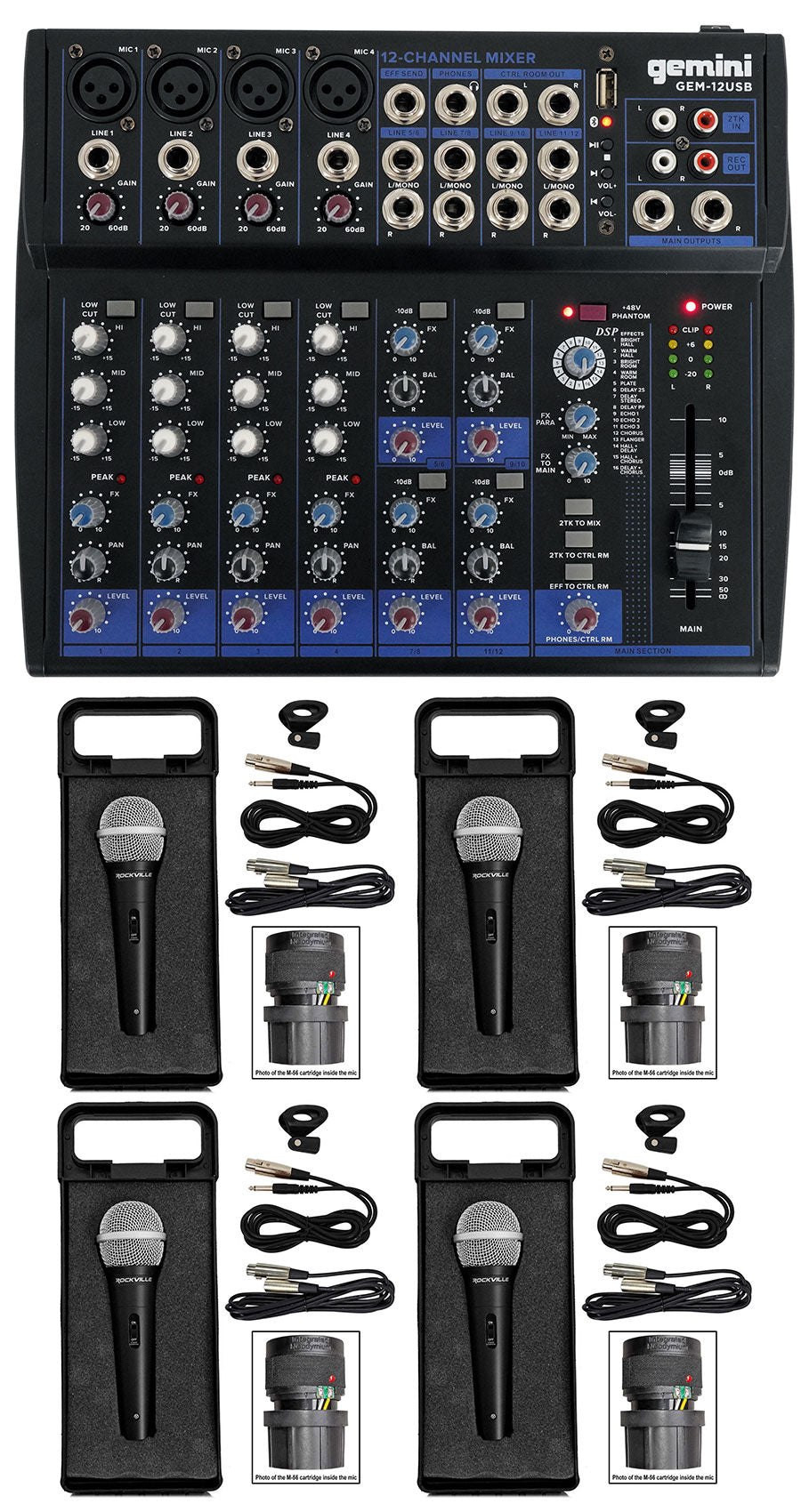 Gemini GEM-12USB 12 Channel Bluetooth Mixer w/USB 12 Ins/2 Bus/3 Band EQ+4) Mics