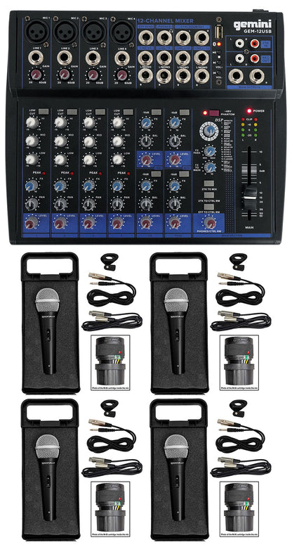 Gemini GEM-12USB 12 Channel Bluetooth Mixer w/USB 12 Ins/2 Bus/3 Band EQ+4) Mics