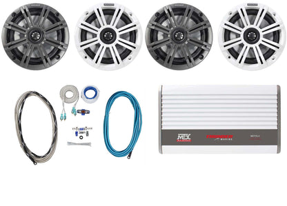 (4) KICKER 45KM654 6.5" 390w Marine Boat Speakers+4-Ch. MTX Amplifier+Amp Kit