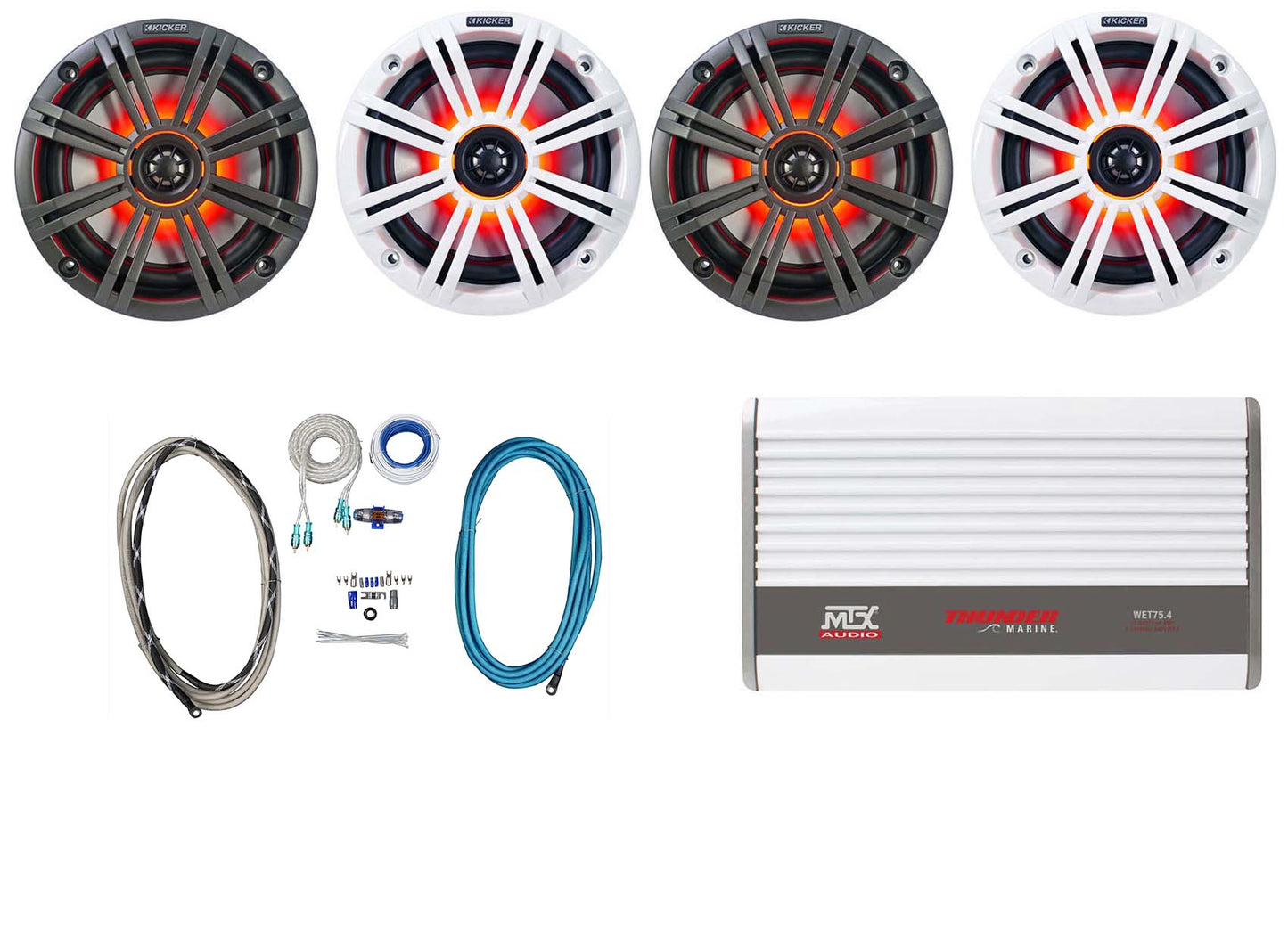 (4) KICKER 45KM654L 6.5" 390w Marine Boat LED Speakers+4-Ch. MTX Amplifier+Wires