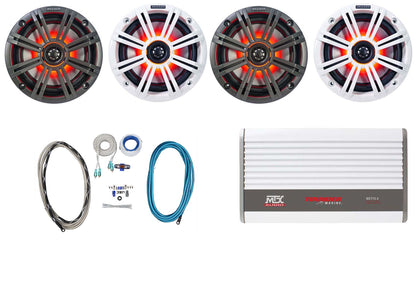 (4) KICKER 45KM654L 6.5" 390w Marine Boat LED Speakers+4-Ch. MTX Amplifier+Wires