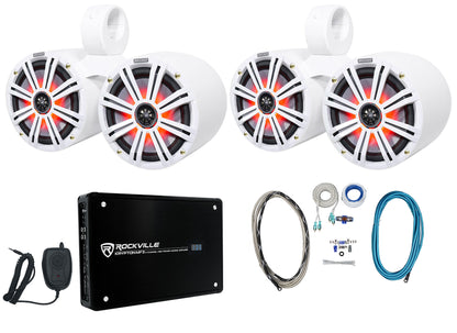2) Dual KICKER 45KM84L 8" 1200 Watt Marine LED Wakeboard Speakers+Amplifier+Kit