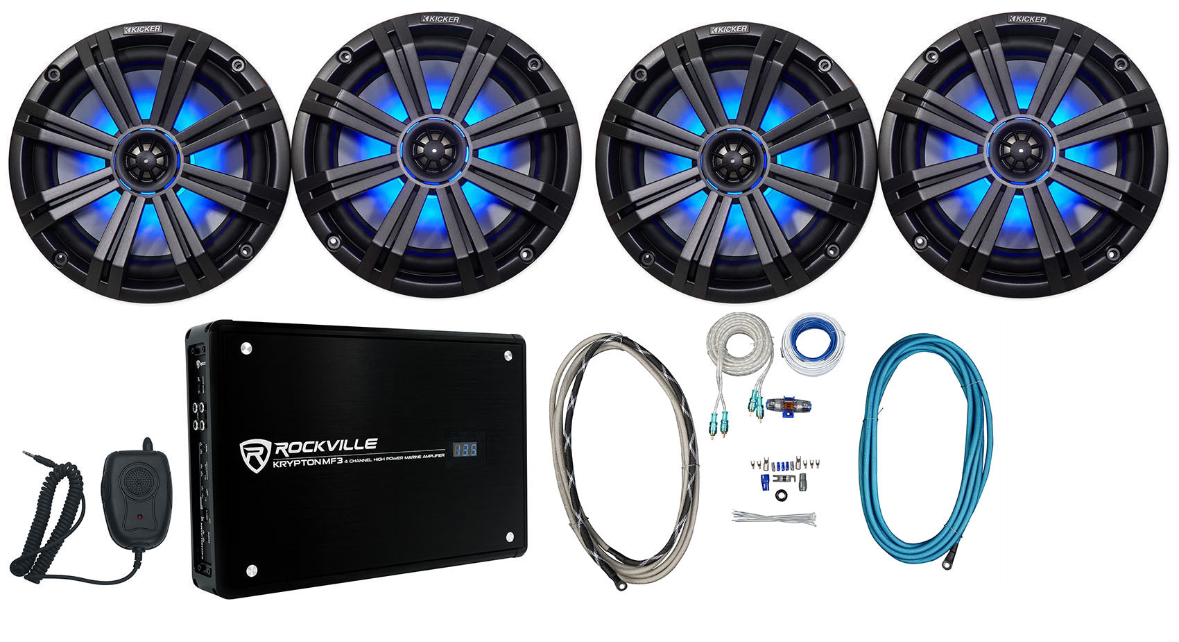 (4) KICKER 45KM84L 8" 1200w Marine Boat Speakers w/ LED's+4-Ch Amplifier+Amp Kit