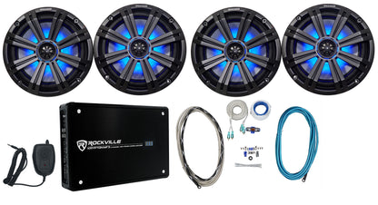 (4) KICKER 45KM84L 8" 1200w Marine Boat Speakers w/ LED's+4-Ch Amplifier+Amp Kit