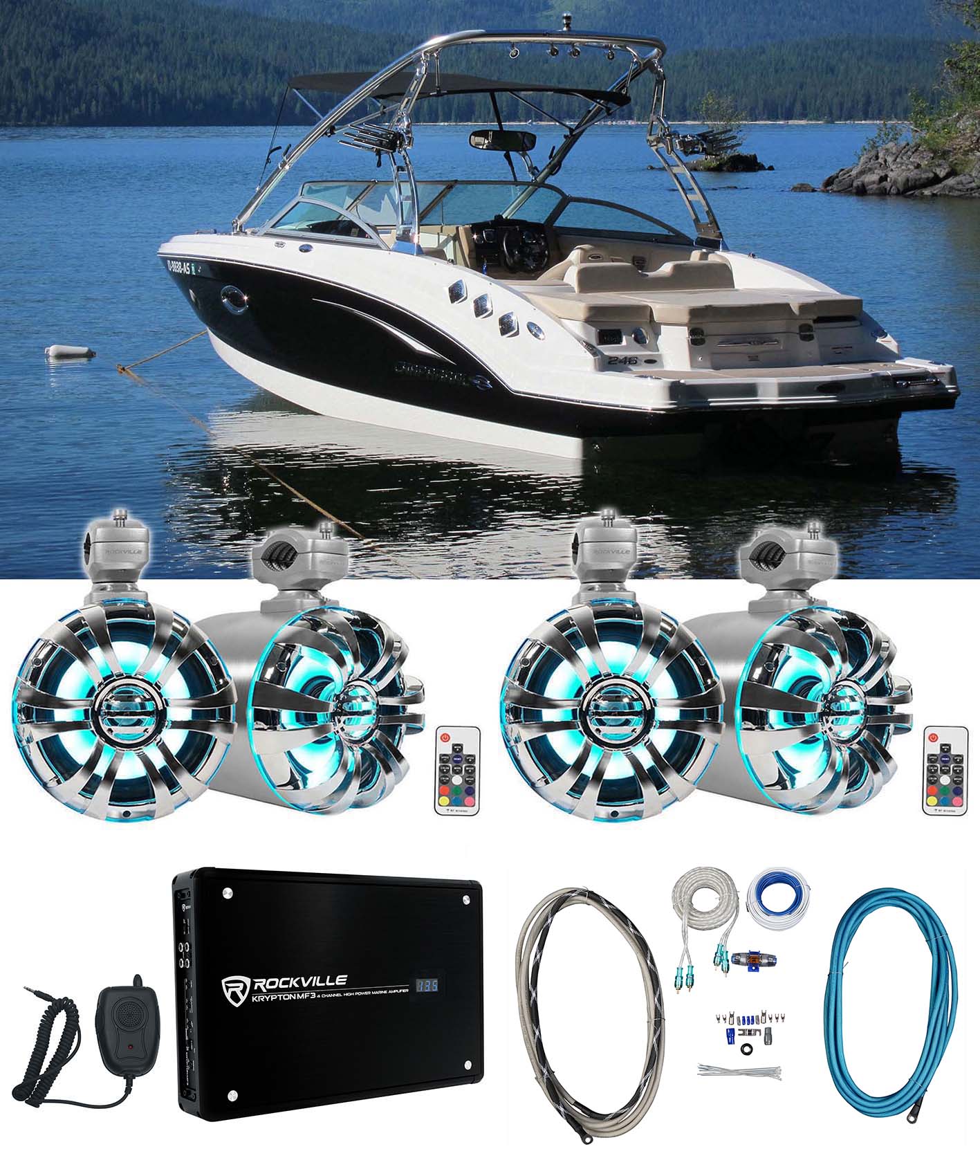 WB65KLED Stainless 6.5" LED Wakeboard Speakers 2-Pack + KRYPTON MF3 Amplifier Bundle