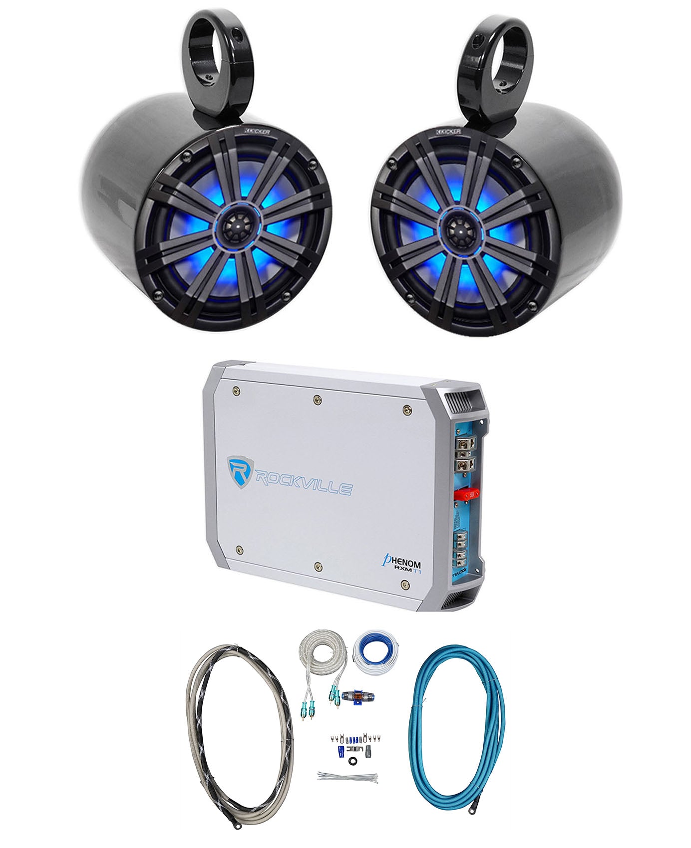 Pair KICKER 45KM84L 8" 600 Watt Marine LED Wakeboard Speakers+Amplifier+Amp Kit