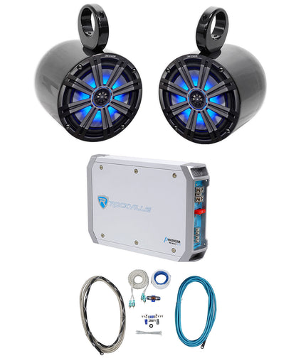 Pair KICKER 45KM84L 8" 600 Watt Marine LED Wakeboard Speakers+Amplifier+Amp Kit