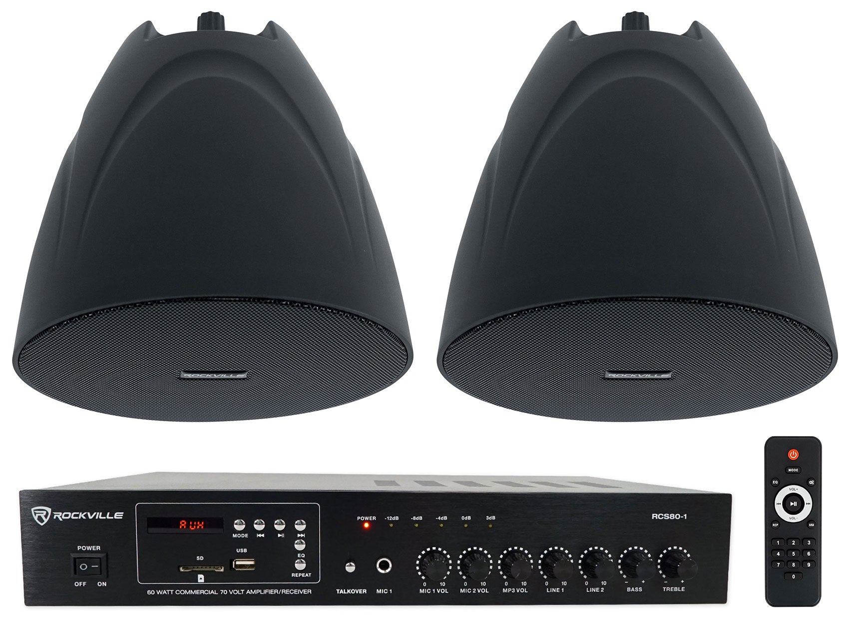 RCS80-1 60W Amp 2-Pack + PEN-525T Black Pendant Speakers Bundle