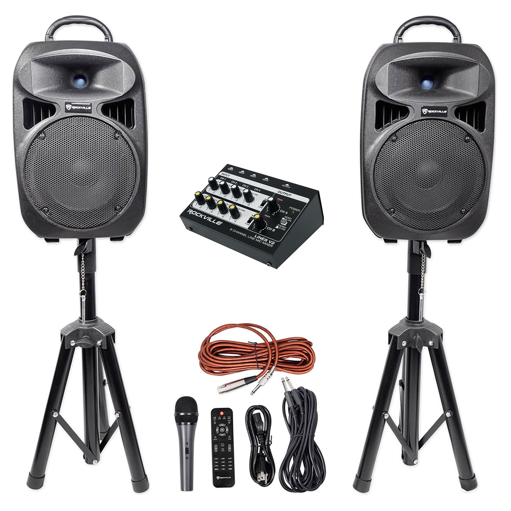 RPG082K Dual 8" Powered PA Speakers 2-Pack + LINE8 Mixer Bundle