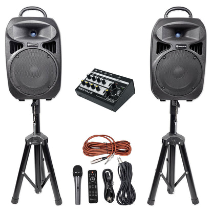 RPG082K Dual 8" Powered PA Speakers 2-Pack + LINE8 Mixer Bundle