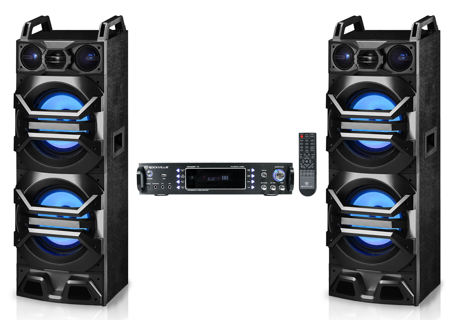 (2) Technical Pro Dual 10" 3000w Speakers w/LED's+Rockville Receiver Amplifier