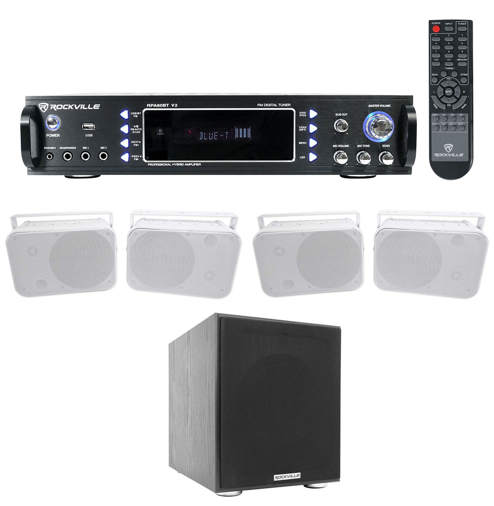 RPA60BT Receiver + HP65S-8 White 4-Pack + Rock Shaker 8 Sub Bundle