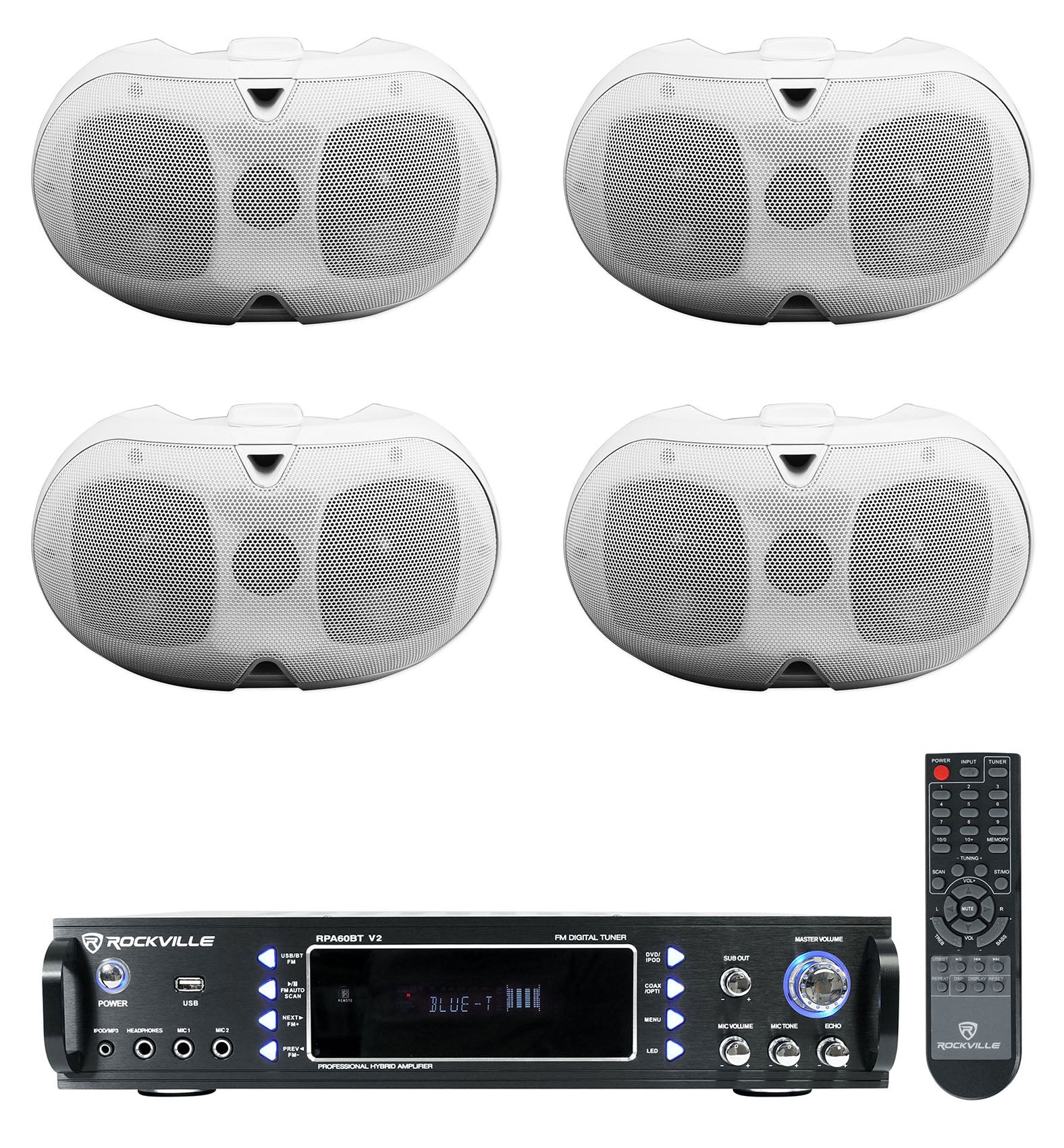 D4-16 White 4-Pack + RPA60BT Bluetooth Amplifier Bundle