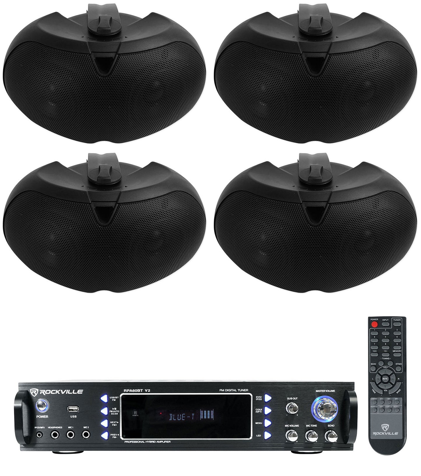D4-8 Black 4-Pack + RPA60BT Bluetooth Amplifier Bundle