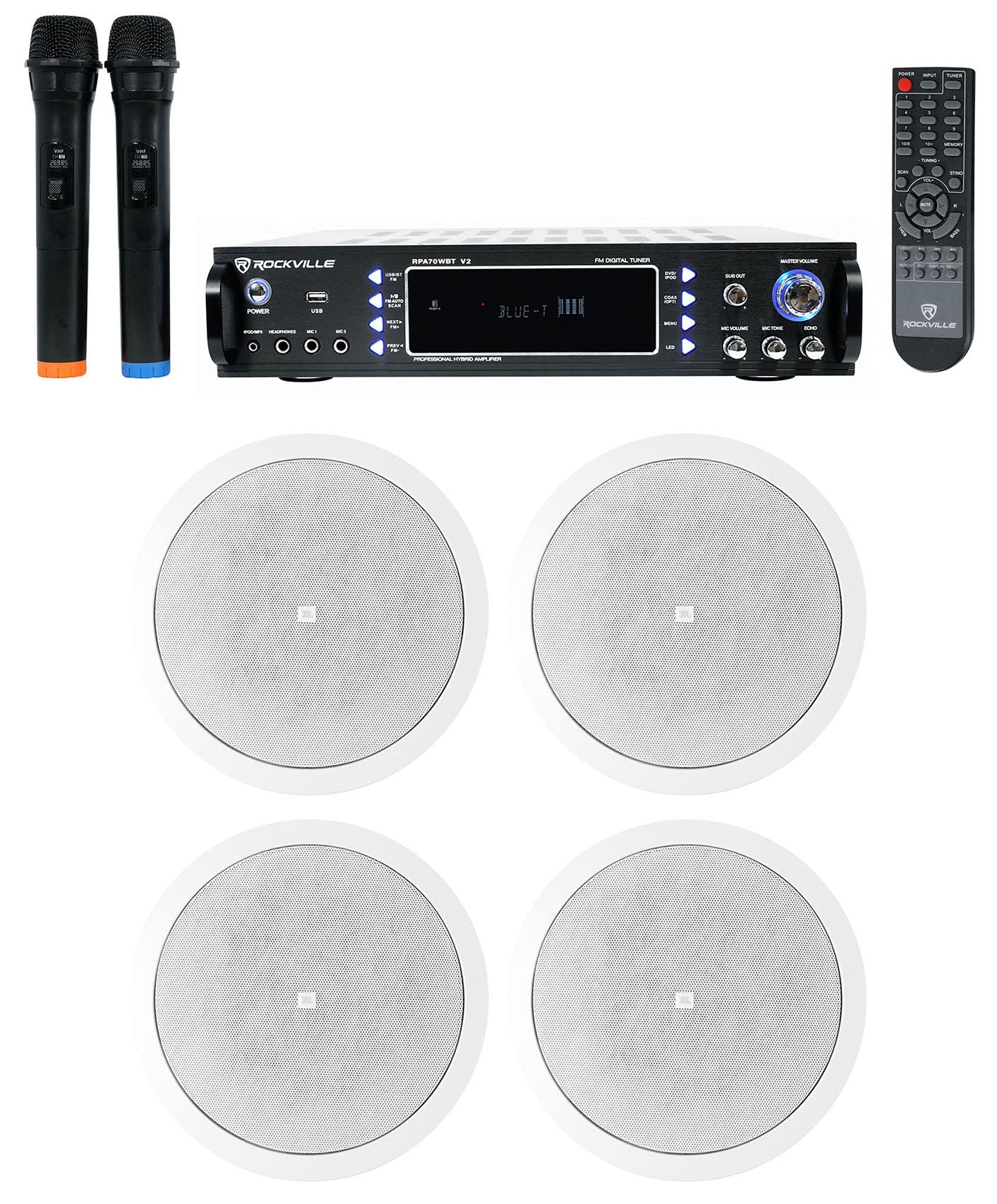 RPA70WBT Receiver + Control 26C 6.5" Speakers 2-Pair + Wireless Mics Bundle