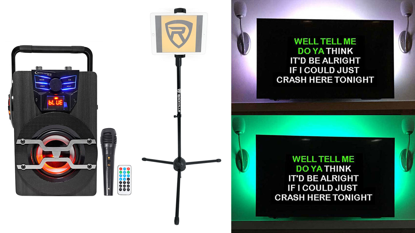 Technical Pro WASP420 Bluetooth Karaoke Machine System w/TV LED's Bundle with Mic & Stand