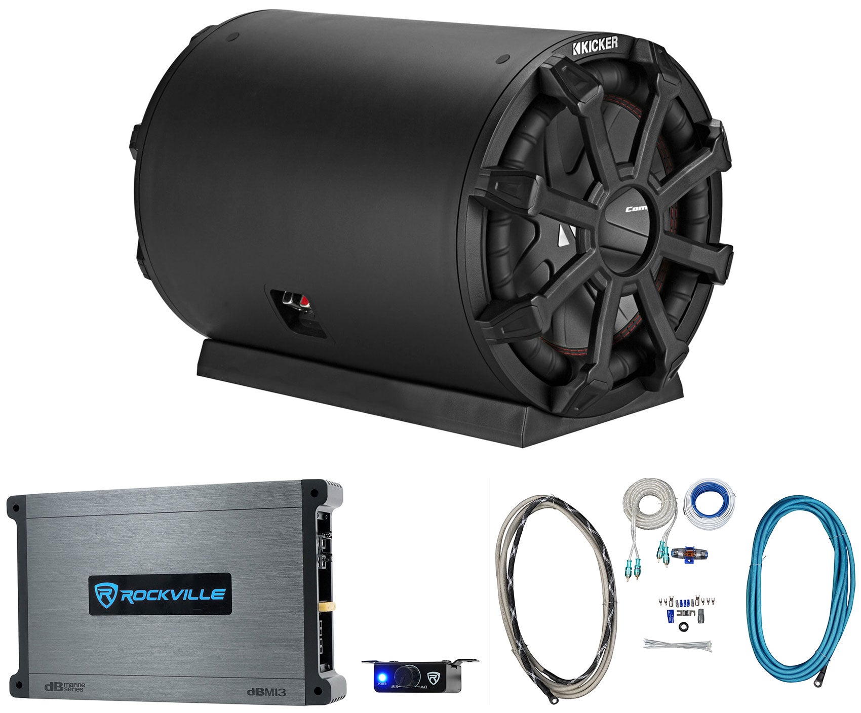 KICKER 46CWTB104 TB 10" 800w Marine Loaded Subwoofer Enclosure+Amplifier+Amp Kit