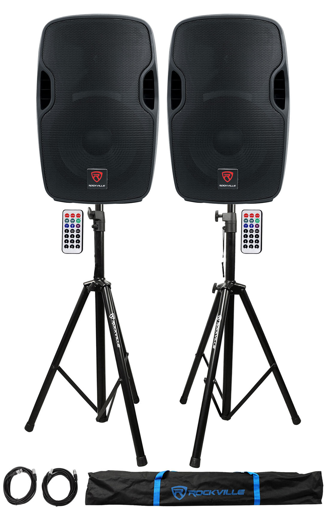 BPA12 12" Powered Speakers 2-Pack + Tripod Stands + XLR Cables Bundle