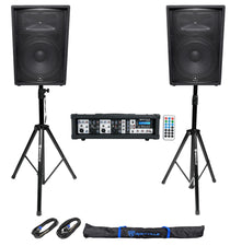 (2) JBL JRX215 1000 Watt 15" DJ PA Speakers+Powered 4-Ch. Mixer+Stands+Cables