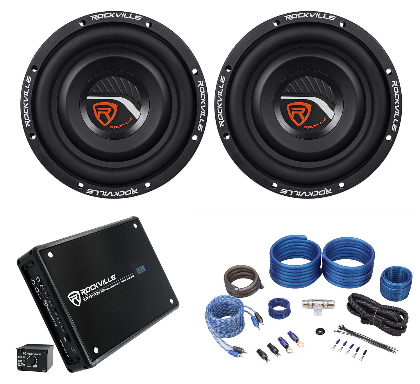 W8T4‑S2 8" Shallow Subwoofers 2‑Pack + KRYPTON M1 Mono Amp Bundle